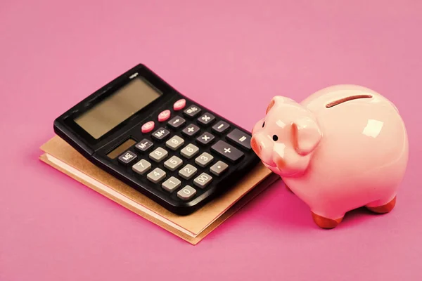 Kredietconcept. Bereken de winst. Piggy bank roze varken en rekenmachine. Financieel manager functie. Economie en financiën. Ruilhandel. Handelsmarkt. Financiële controle. Bedrijfsadministratie — Stockfoto