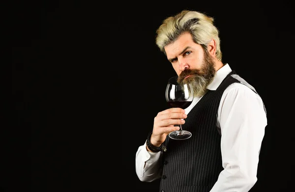 Sommelier responsibility work within taste preference. Red wine at degustation. Sommelier appreciating drink. Specializes in all aspects of wine service. Bartender at bar. Sommelier taste wine — Stock Photo, Image
