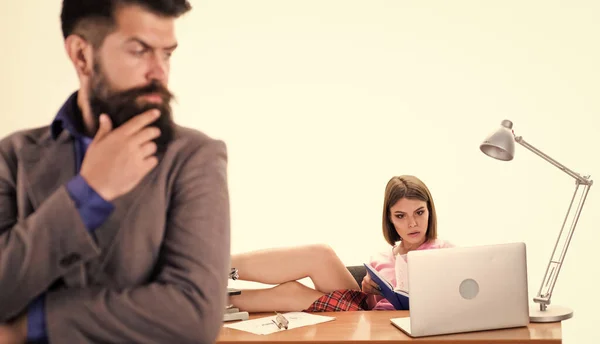 Manager boss stand in front of girl busy with laptop. Office manager or secretary. Sexy hot lady office worker. Sexy personal secretary. Aroused by female colleague. Office collective concept — Stock Photo, Image