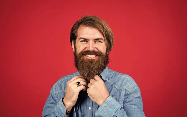 Express happiness. happy brutal caucasian hipster with moustache. Male barber care. Bearded man. Hair and beard care. Confident and handsome brutal man. Facial care. Mature hipster with beard — Stock Photo, Image