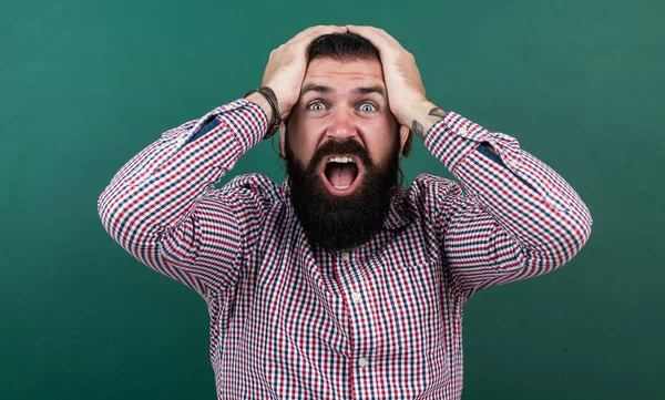 Surprised mature teacher on background of blackboard. brutal bearded man wear casual checkered shirt and shouting. express positive human emotions. caucasian hipster on green background — Stock Photo, Image