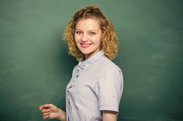University or college life. woman teacher at school lesson. knowledge day. empty blackboard information. back to school. woman likes studying. happy student at blackboard. Homeschooling concept — Stock Photo, Image