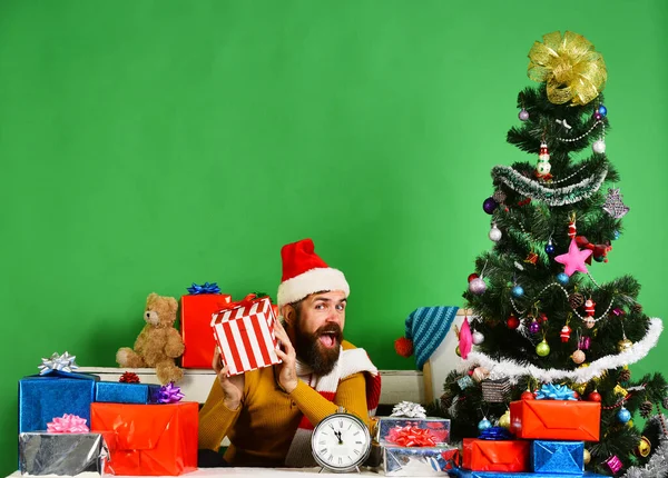 Père Noël tient des cadeaux près de l'arbre décoré sur fond vert — Photo