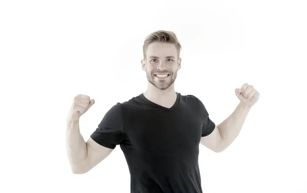 Victoire et succès. Champion vainqueur. Un gars qui fait la fête. Un bel homme joyeux et prospère. Leadership et concurrence. Forte sensation de corps musculaire vue arrière puissante. Athlète gagnant — Photo