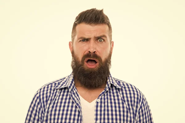 What is going on. Making haircut look perfect. getting haircut by hairdresser. Hipster client visit barber shop. male beauty portrait. well-groomed bearded man. surprised mature man. Male barber care — Stock Photo, Image