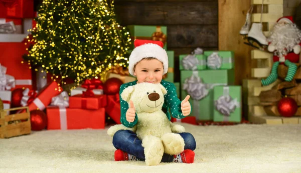 Kid enjoy the holiday. kid hold bear toy gift. toy shop is open at xmas. merry christmas. happy new year. happy child santa hat. son ready to celebrate winter holidays. small boy excited with present — Stock Photo, Image