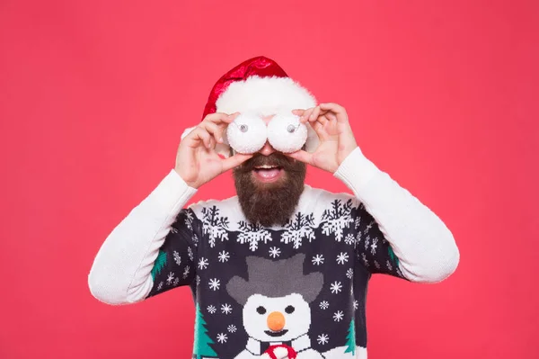 Ho Ho Ho. happy new year. merry christmas. cheerful bearded man in santa hat and sweater. brutal hipster celebrate xmas party. winter holiday preparations. buy new year tree decoration — Stock Photo, Image
