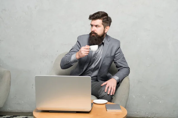 Ahora trabajo por mi cuenta. Trabajador independiente. Freelancer disfrutando de café y wifi gratis. Un hombre barbudo que trabaja por su cuenta. Hipster haciendo trabajo independiente en el ordenador portátil. Profesional independiente trabajando fuera del sitio —  Fotos de Stock