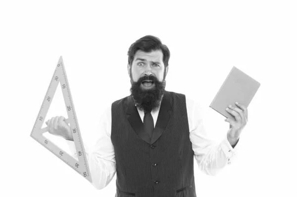 Be wise guy, give math try. Scared man back to school. Bearded man hold book and triangle. Brutal man ready for geometry lesson. Technical man or engineer isolated on white. Geometric drawing — 스톡 사진