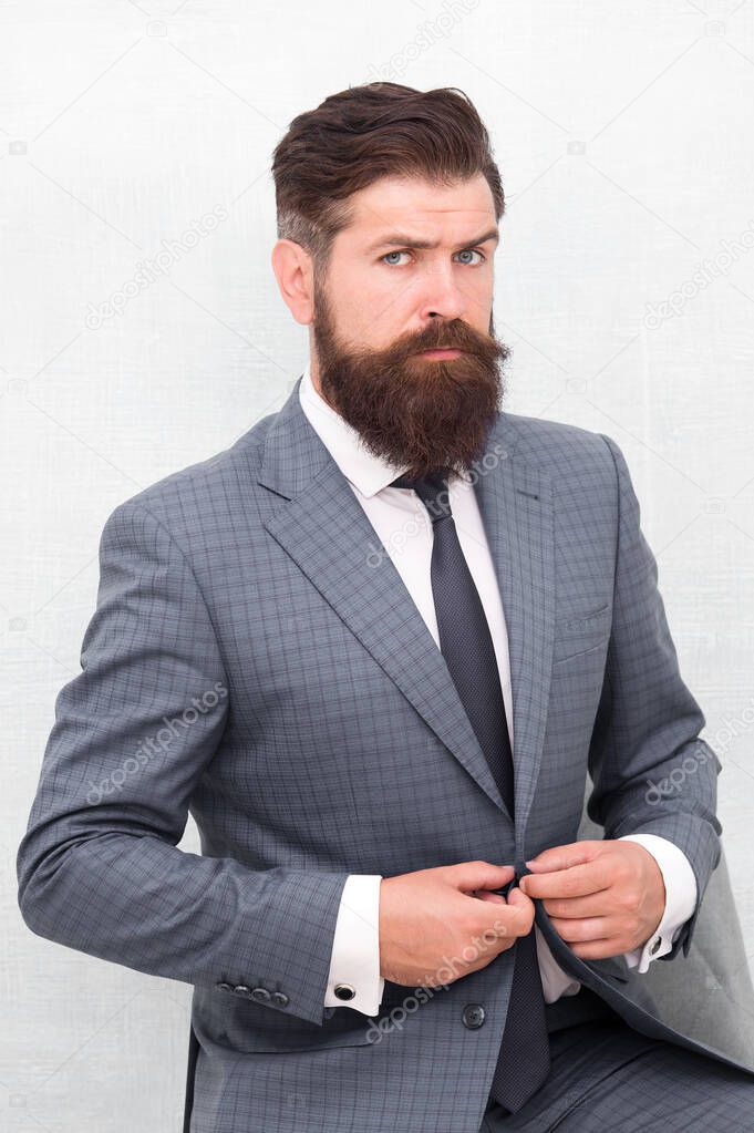 Formal and stylish. Stylish businessman button suit jacket. Bearded man in office style. Professional capsule wardrobe. Stylish wear to work. Fashion and style. Elegant and stylish. For added style