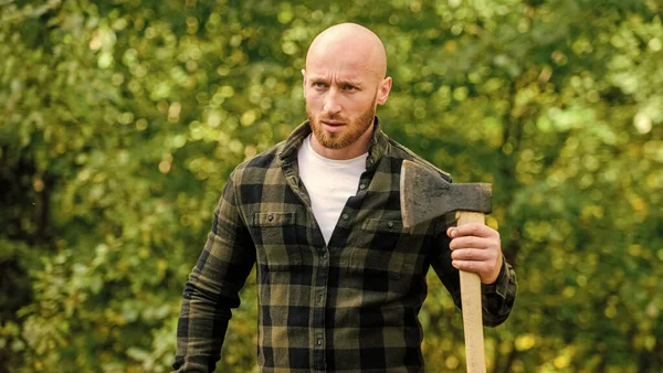 Determination of human spirit. Man checkered shirt use axe. Brutal male in forest. Power and strength. Lumberjack carry ax. Bald woodsman. Harvest firewood. Hike vacation. Hike in forest. Forest care