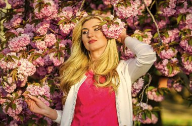 Sakura mevsimi. Sakura ağacı çiçek açıyor. Pembe mod. Bahar moda koleksiyonu. Kadın bahar çiçeği sakura çiçek açar. Bahçedeki sarışın kadın. Harika bir kız. Kiraz çiçekli kız. Kadınlık