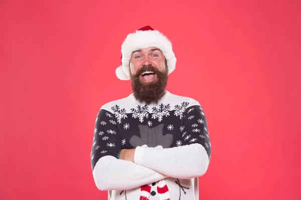 Santa Claus vousatý muž přeje šťastný nový rok a veselé Vánoce dovolená připravena oslavit večírek se zábavou a radostí plnou vánočních dárků, štěstí — Stock fotografie