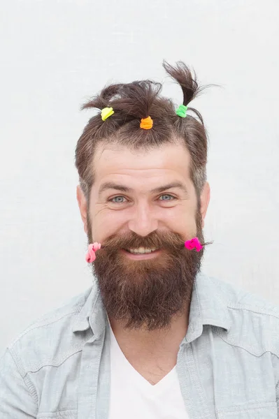 I am my own stylist. Funny portrait of man with funny hairstyle. Barbershop and hairdresser. Happy fathers day. Comic concept. Emotional hipster childish hairstyle. Funny adult. Hairdresser salon — Stock Photo, Image