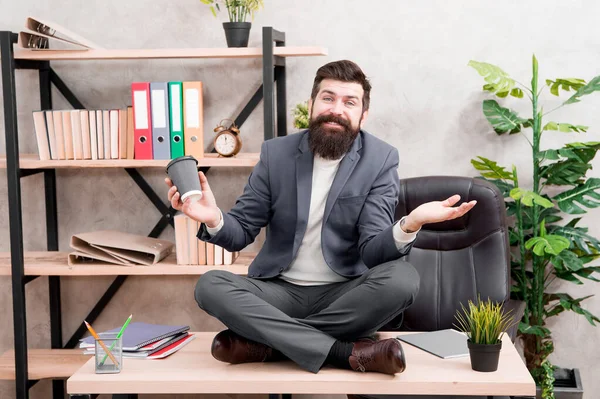 Feeling free. Prevent professional burnout. Way to relax. Meditation yoga. Self care. Relaxation techniques. Mental wellbeing and relax. Man bearded manager formal suit sit lotus pose relaxing — Stock Photo, Image