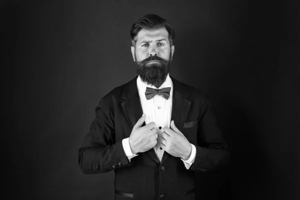 Groom bearded hipster man wear tuxedo and blue bow tie. Wedding day concept. Stylish groom. Elegant collection. Neat and tidy. Stylist fashion expert. Suit style. Fashion trends for groom — Stock Photo, Image