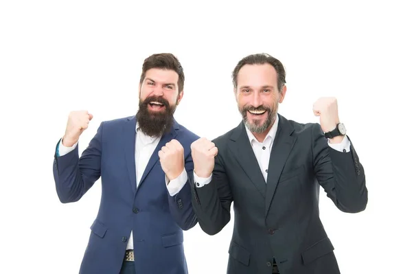 Celebrating success. Bearded men make winner gesture. Happy businessmen celebrate success. Being excited about success. Successful marketing. Success in business — Stock Photo, Image