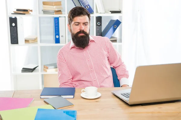 Stipendio. L'uomo barbuto si siede alla scrivania. Lavora in un ufficio moderno. Ambiente di lavoro. Un operaio. Lavoro e occupazione. Costruire carriera — Foto Stock
