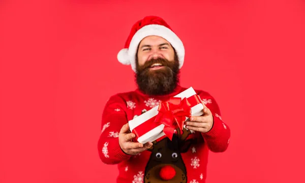 Open present. Christmas gift. Christmas surprise tradition. Spreading warmth. Boxing day. Keep calm and winter on. Prosperity and wellbeing. Shopping concept. Santa Claus bearded man. Merry Christmas — Stock Photo, Image