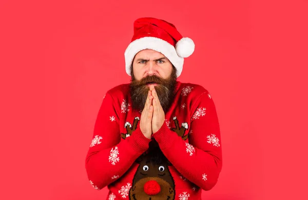 Cold weather. Holiday season mood. Bearded man santa hat. Merry christmas. Christmas sale. Winter is snow much fun. Xmas party. Christmas celebration. Happy new year. Hipster funny knitted sweater