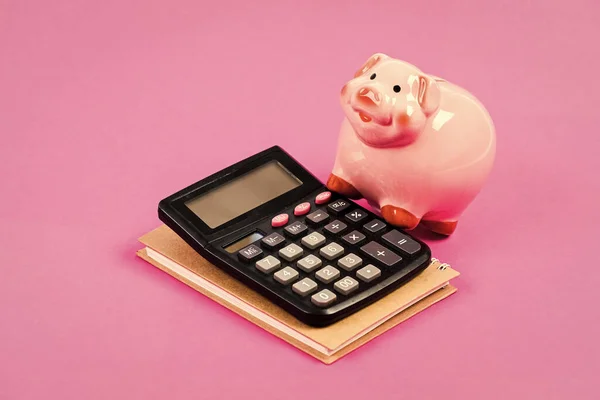 Calcula los beneficios. Hucha de cerdo rosa y calculadora. Puesto de gerente financiero. Economía y finanzas. Intercambio. Mercado de comercio. Control financiero. Administración de empresas. Concepto de crédito —  Fotos de Stock