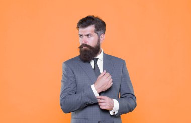 Because you worth it. Handsome guy concept. Confident businessman handsome bearded man in formal suit. Successful handsome hipster top manager. Serious motivated entrepreneur. Barbershop and stylist clipart