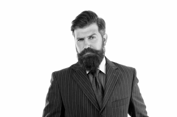 Un homme d'affaires porte un costume. Un homme barbu sérieux. Patron ou réalisateur. Beau fond blanc hipster. Concept de vêtements pour hommes. Exprimez votre individualité. Boutique de mode. Un homme en costume qui réussit. Costume intemporel — Photo