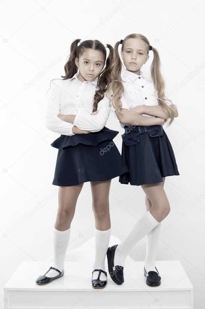 Schoolgirls haughty arrogant with ponytails hairstyle. Best friends excellent pupils. Perfect schoolgirls tidy fancy hair. School hairstyles ultimate top list. Lady boss. School fashion and style