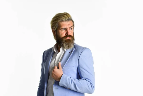 Exceptional Business Professionals. man wear blue jacket. management consultant on business event. charismatic financial analysts. tuxedo bearded man well groomed. formal male isolated on white — Stock Photo, Image