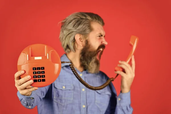 Bearded man phone conversation. Retro phone. Outdated technology. Manager phone dialog communication. Call me. Successful negotiations. Sales script. Answering machine. Lead generation specialist — Stock Photo, Image