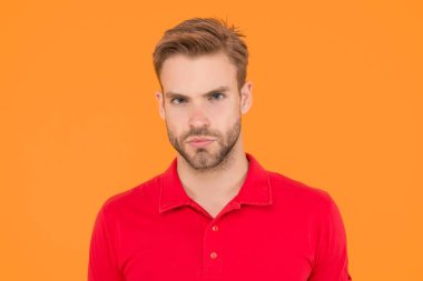 Sert bir bakış. Yakışıklı, tıraşsız bir yüz ve şık saçlar. Sarı arka planda beyaz bir adam. Sıradan görünümlü sakallı adam. Yakışıklı bir erkek portresi. Yüz kılı ve cilt bakımı konsepti. Yakışıklı surat.