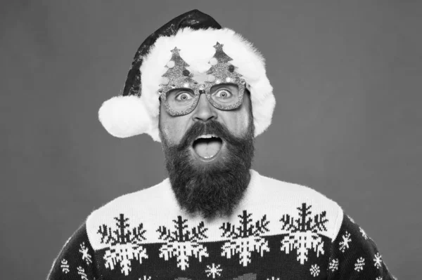 Santa party. Bearded man in christmas tree party glasses. Santa man with happy party look. New Year Eve party night. Celebrate festive season. Holiday celebrations. Merry Christmas. Winter holidays — Stock Photo, Image