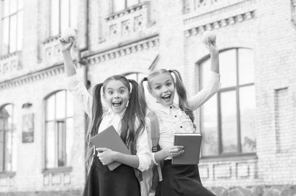 Pequeño alumno con cuaderno y manzana. hora del almuerzo en el recreo escolar. niños felices en uniforme. aprender juntos el tema. educación moderna para las niñas. lectura de libros. concepto de amistad. Hora de comer. — Foto de Stock