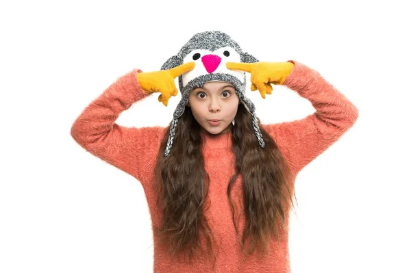 Looking brand new. child cosy sweater isolated on white. cold winter weather. warm clothes and accessory fashion for kids. happy childhood. small girl in knitted hat and gloves. xmas holiday activity — Stock Photo, Image