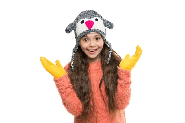 Good mood in any weather. warm apparel for cold weather. childhood happiness. knitwear fashion. happy little girl loves winter. finally winter holidays. enjoy christmas vacation. fluff and hairs. — Stock Photo, Image