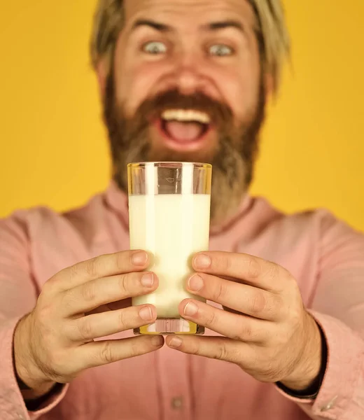Drink protein cocktail. Healthy habits. Almond milk is rich in several healthy nutrients. Milk for good health. Lactose free. Bearded man hold glass of milk. Source of calcium. Vegan milk concept