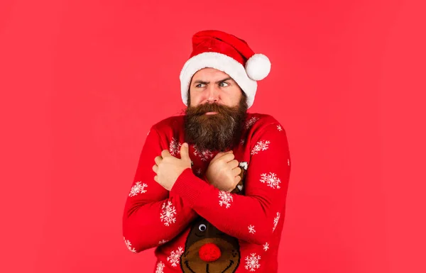 Cold weather. Holiday season mood. Bearded man santa hat. Merry christmas. Xmas party. Christmas celebration. Happy new year. Hipster funny knitted sweater. Christmas sale. Winter is snow much fun — Stock Photo, Image