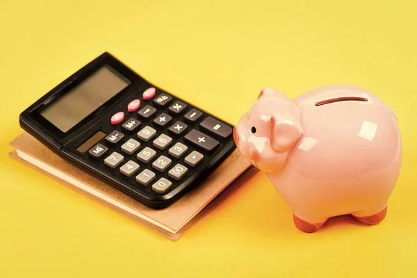 銀行口座だ。給料を稼ぐ。お金の予算計画。財政的健康。利益を計算する。貯金箱のピンクの豚と電卓。経済と金融。信用の概念。貯金だ。お金を — ストック写真
