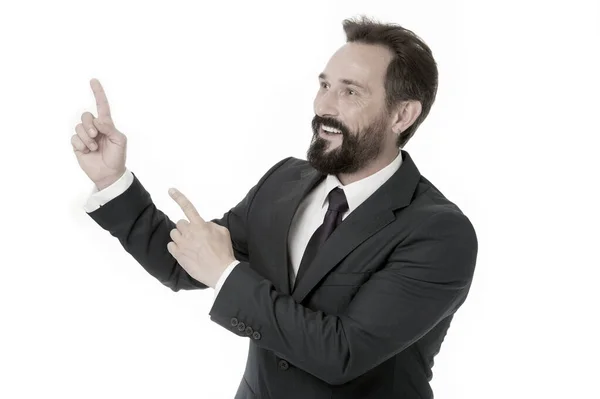 Pointing direction. Man pointing index fingers isolated on white. Man bearded mature in formal wear. Businessman or manager with beard and mustache shows direction. Look at that advertisement — Stock Photo, Image