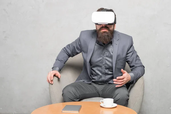 Businessman sit chair wear hmd explore virtual reality or ar. New opportunity. Modern software for business. Business implement modern technology. Business partner interact in virtual reality — Stock Photo, Image