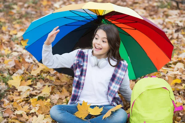 Örömteli üdvözlés. Őszi gyerek színes esernyő alatt. Érezd az inspirációt. Boldog gyermekkort. Vissza az iskolába. Lány hátizsákkal lazítson. Élvezd az esést az erdőben. gyerek gyűjteni sárga lehullott juharfalevelek — Stock Fotó