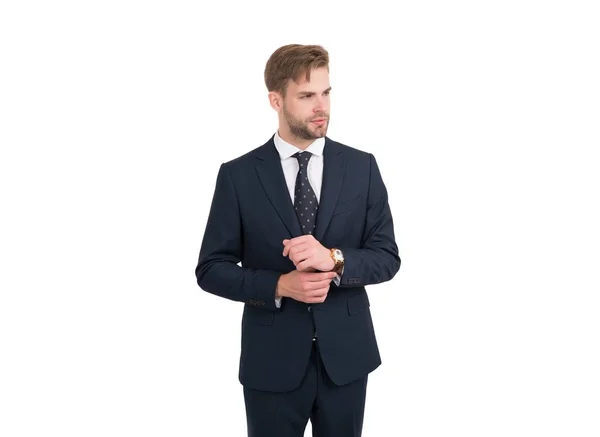 Empleador hombre profesional en ropa formal que tiene el pelo bien arreglado aislado en blanco, aseo — Foto de Stock
