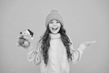 Oyuncakçı konsepti. Kız çocuğu fare ya da fare oyuncağı tutar. Fare sembolü yılı. Pelüş oyuncak. Mutlu bir çocukluk. Yumuşak oyuncaklar en iyisidir. Kış giysili çocuk şirin küçük oyuncağı oynuyor. Hediyeler al. Anaokulu ve okul