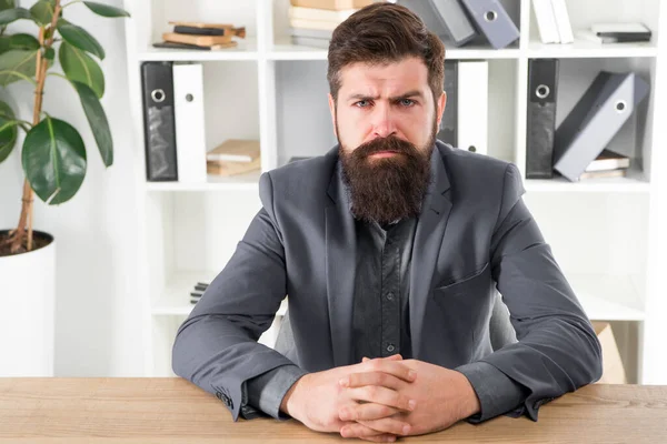 Job interview. Business. Modern businessman. Confident brutal man at job interview. Bearded man. Mature hipster. Businessman in formal suit. serious man on job interview. Male in business office — Stock Photo, Image