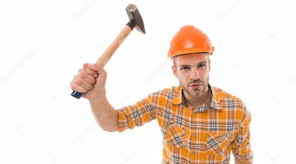 Having always hand at carpentry. Carpenter hold hammer isolated on white. Carpentry and renovation. Carpentry shop. Home improvement business. Building and construction. Being skilful at carpentry