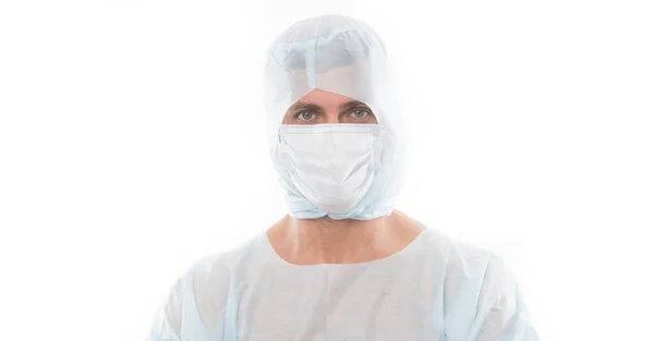 Covid-19 y salud. hombre con respirador máscara médica. Doctor en traje de seguridad. higiene de la pandemia de coronavirus. Científico crear vacuna contra virus. cuarentena por brote epidémico — Foto de Stock