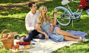 Gerçek aşk. Romantizm konsepti. - Şerefe. Yıldönümünü kutlayalım. Kırsal kesimde romantik günbatımı pikniğinin tadını çıkaran çekici bir çift. Şarap içen sevimli bir çift. Güneşli bir günde şarap içen çift. Sonsuza dek birlikte