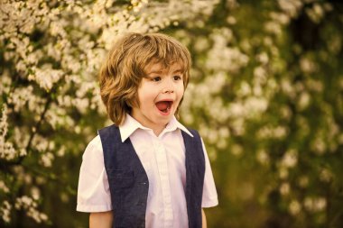 Neşe dolu. Mutlu çocuğun gür ve sağlıklı saçları var. Yaz ve bahar modası. Çocuk kısmen doğanın çiçeklenmesinden hoşlanıyor. çocukluk mutluluğu. Kaygısız çocuk baş parmağını kaldırdı. Çiçek açan bahar ağacında küçük bir çocuk