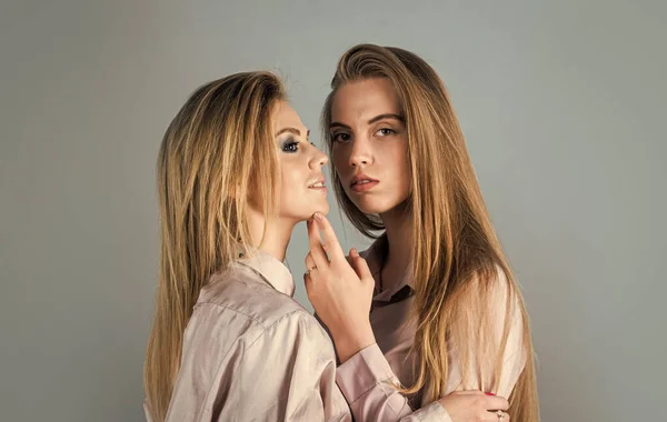 Lesbian feel free in relations. women girlfriends embrace. sisterhood. romantic relationship and dating. homosexuality. sexy female couple in love. friendship and family. fashion and beauty. lgbt — Stock Photo, Image