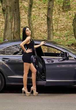 Göze çarpan bir model. Moda modeli otomobilde poz veriyor. Şehvetli kadın ve yeni araba modeli. Model ajansı. Araba modelliği. Nakliye ve araç. Araba kuaförü. Seksi cazibe. Şehvetli eğriler ve eğimli çizgiler